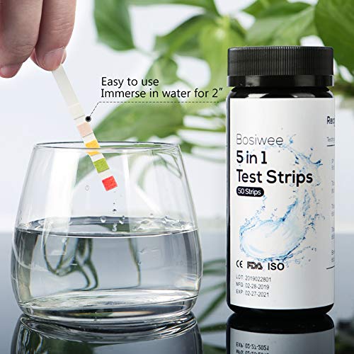 Bosiwee 5 in 1 Water Chemistry Test Strips, Water Quality Test for Swimming Pool, Spa, Hot Tub, etc - Detect pH, Total Hardness, Chlorine, Bromine and Alkalinity, 50 Count