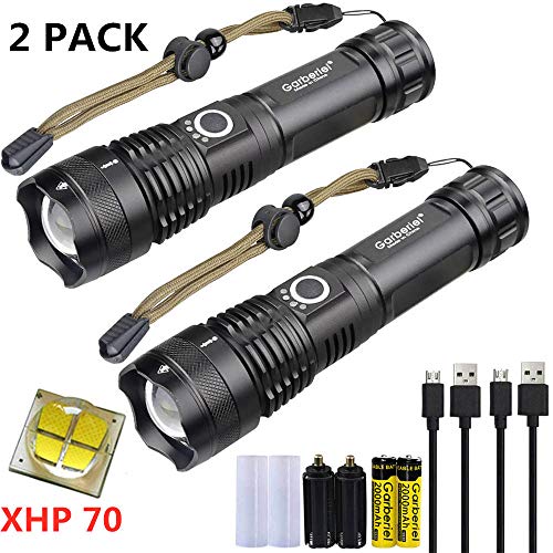 2 Pack LED Rechargeable XHP70 Flashlight 5 Modes 5000 High Lumens Super Bright Waterproof Tactical Zoomable Handheld Torch Light with Battery for Camping Outdoor Emergency