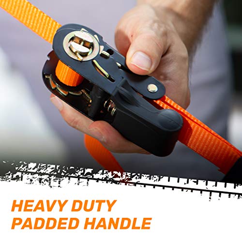 RoofPax Ratchet Straps (4-Pack), Heavy Duty Tie Downs Kit 1,823 Lbs Break Strength 1" inch X 15' ft. Cargo Tiedowns for Motorcycles. Padded Handles & Coated Chromoly S Hooks