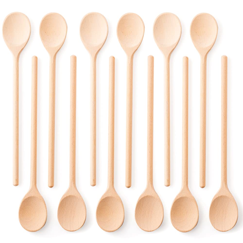 Mr.Woodware 25 cm Wooden Spoons for Cooking - Set of 12 Long Handle Wooden Spoon for Mixing, Stirring, Tasting - Kitchen Wooden Utensils For Cooking and Crafts, Personalized Engraved Wood Burning