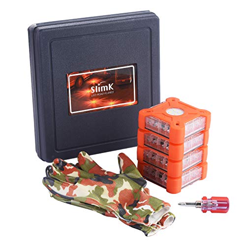 SlimK LED Car Flares Road Emergency Safety Disc Roadside Flasher Square Upgraded Version Dual Button Instant Off 4 Packs with Storage Box