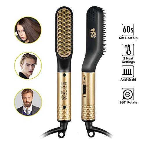 TFS Heated Beard Straightener Comb for Men - 2 In 1 Beard & Hair Straightening Brush with Ceramic Teeth, Portable Electric Hot Comb Iron Mustache Brush Styler Tools for Home Travel