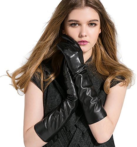 Mother's Day Gift, Magelier Women's Winter Spring Cycling Camping Genuine Lambskin Leather Ruched Gloves Opera Length Large Black