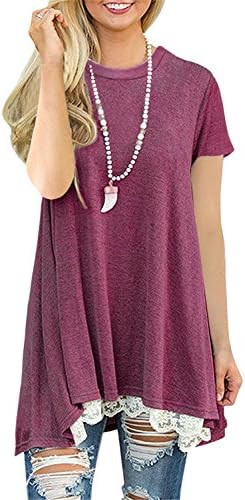FERYSHE Womens Lace Short Sleeve A-Line Tunics Blouse Shirt Tops