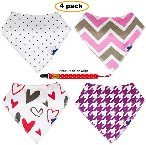 TLC Bambini Bandana Bibs Set, 4 Pack Premium Quality Organic Cotton Bibs, FREE Pacifier Clip, Perfect for Baby Showers, Layette and Other Occasions, Keeps Baby and Clothes Dry and Drool Free