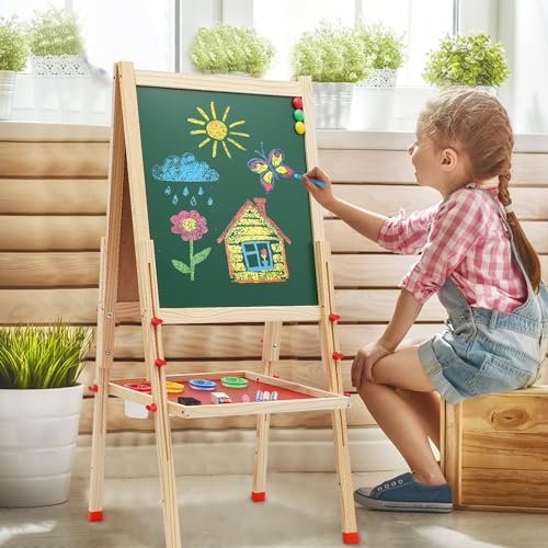 Hcosmy Wooden Art Easel for Kid, Double Sided Kids Easel with Whiteboard & Chalkboard, Height Adjustable Standing Toddler Easel with Number and Painting Accessories, Education Gift for Boys and Girls