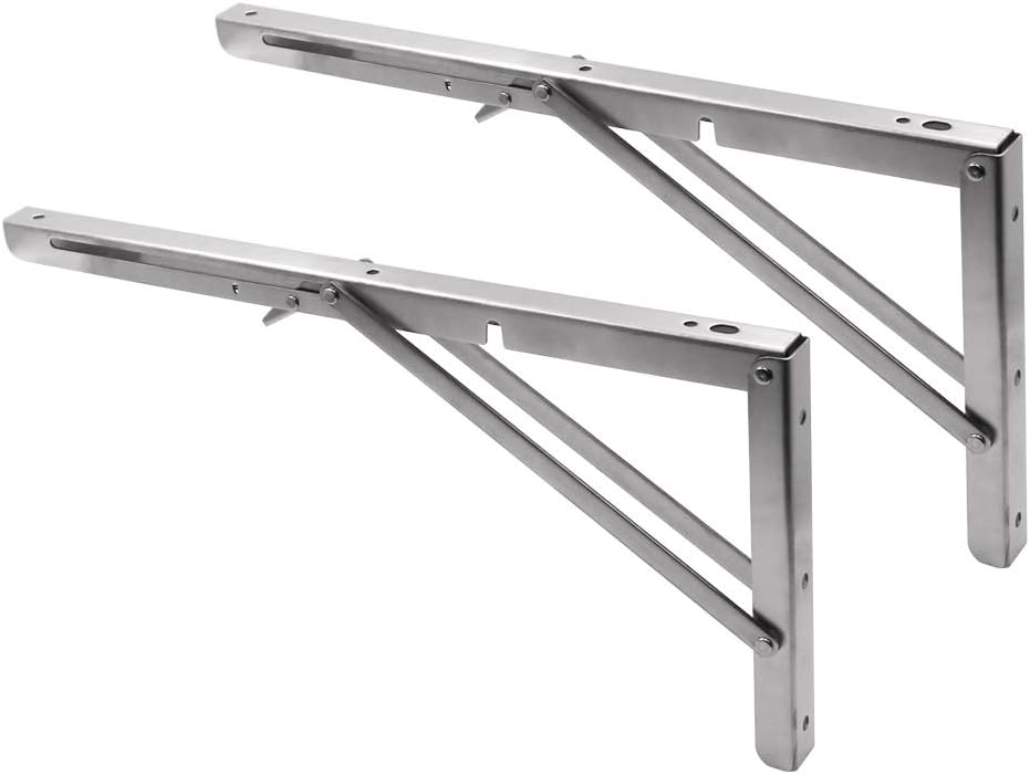 MUDUOBAN Folding Shelf Brackets 16 Inch- Heavy Duty Stainless Steel Triangle Wall Mount Collapsible Shelf Bracket for Bench Table, Shelf Hinge DIY Bracket Max Load: 550 lb 2 PCS (16 Inch)