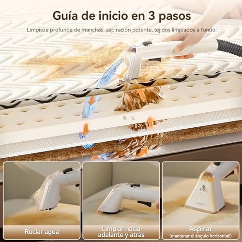Uwant Y100 Aspiradora de Agua Tapiceria, 600W 18 kPa, Doble Depósito 1.2L y Autolimpieza, Higieniza 99.9% con Detergente 500ml y Cepillos, Limpiador de Tapicerías, Para Sofá, Alfombra y Colchón
