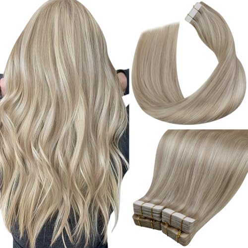 Laavoo Tape In Extensions Echthaar 60Cm Blond Extensions Tape Echthaar Ashblond Hellblond Remy Haarverlängerung Echthaar Tape Extensions Echthaar Glatt #P18/613 40Pcs 100G