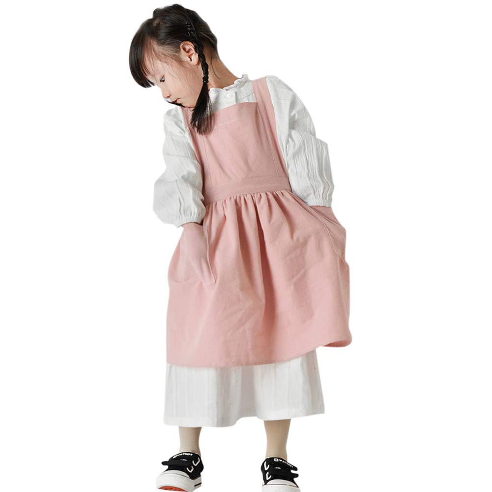 IBLUELOVER Girls Lovely Art Crafts Smock Apron Stylish Cotton Linen Children Aprons With Pockets Baking Cooking Clothes For Kids Girls DIY Painting Sleeveless Pinafore Apron Keep Clean 3-10 Years