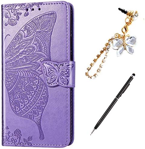 Case for iPhone XS/X Cover,Embossing Mandala Butterfly Rose Vine Flip Folio Wallet Case PU Leather Stand Card Slots Protective Case Cover + Dust Plug Stylus for iPhone XS/X Wallet Case,Light Purple
