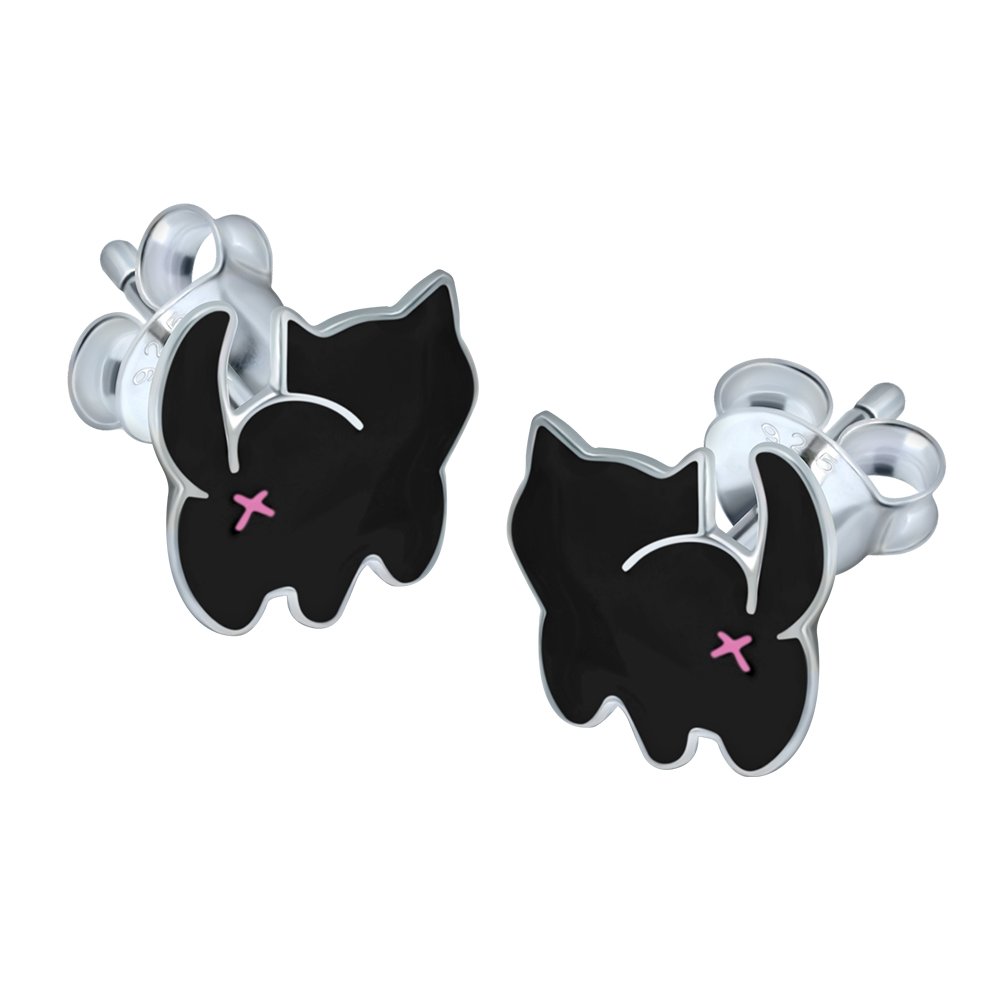 Black Cat Earrings .925 Sterling Silver Studs - Halloween