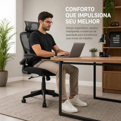 ITS Imports Cadeira de Escritório Presidente Ergonômica Preta Encosto Mesh Reclinável 135 Graus Cadeira Giratória com Apoio de Cabeça Braços Ajustáveis Suporte Lombar Alta Densidade Confortável