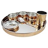 SKAVIJ 7-Piece Stainless Steel Copper Dinnerware Set Brown Gold Large Dinner Plate Thali with Cup Bowls Spoon Hammered Design Dinnerware Set Service for 1