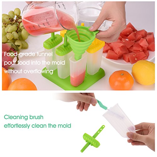 Omorc Popsicle Molds Set - BPA Free & FDA Certified & Food Safe - 6 Pack Reusable Ice Pop Molds Makers Drip-Guard Handle Easy-Release Ice Cube Tray Molds with Folding Funnel and Cleaning Brush