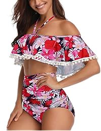 Coauan Traje de baño para dama, estilo retro, cuello halter vintage, dos piezas, lindos volantes, traje de baño de cintura alta
