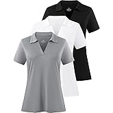 Femdouce Women's Polo Shirts V-Neck Short Sleeve Moisture Wicking Collared Shirts for Women Golf Polo Shirt for Work 1-3 Pack
