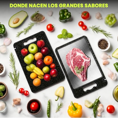 2PCS Tabla para Picar de Doble(Acero Inoxidable+PP)–36.5×25CM,Titanium Cutting Board,Tabla de Cortar Cocina para Carne,Frutas,Verduras,Colgable,Lavavajillas,Duradera y Anticorrosiva