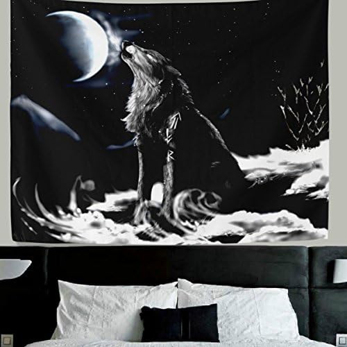 HWMR Howling Wolf Tapestry Wall Hanging Black Wolf White Moon Home Decor Collage Dorm Beach Throw Tapestries 60x51 Inch