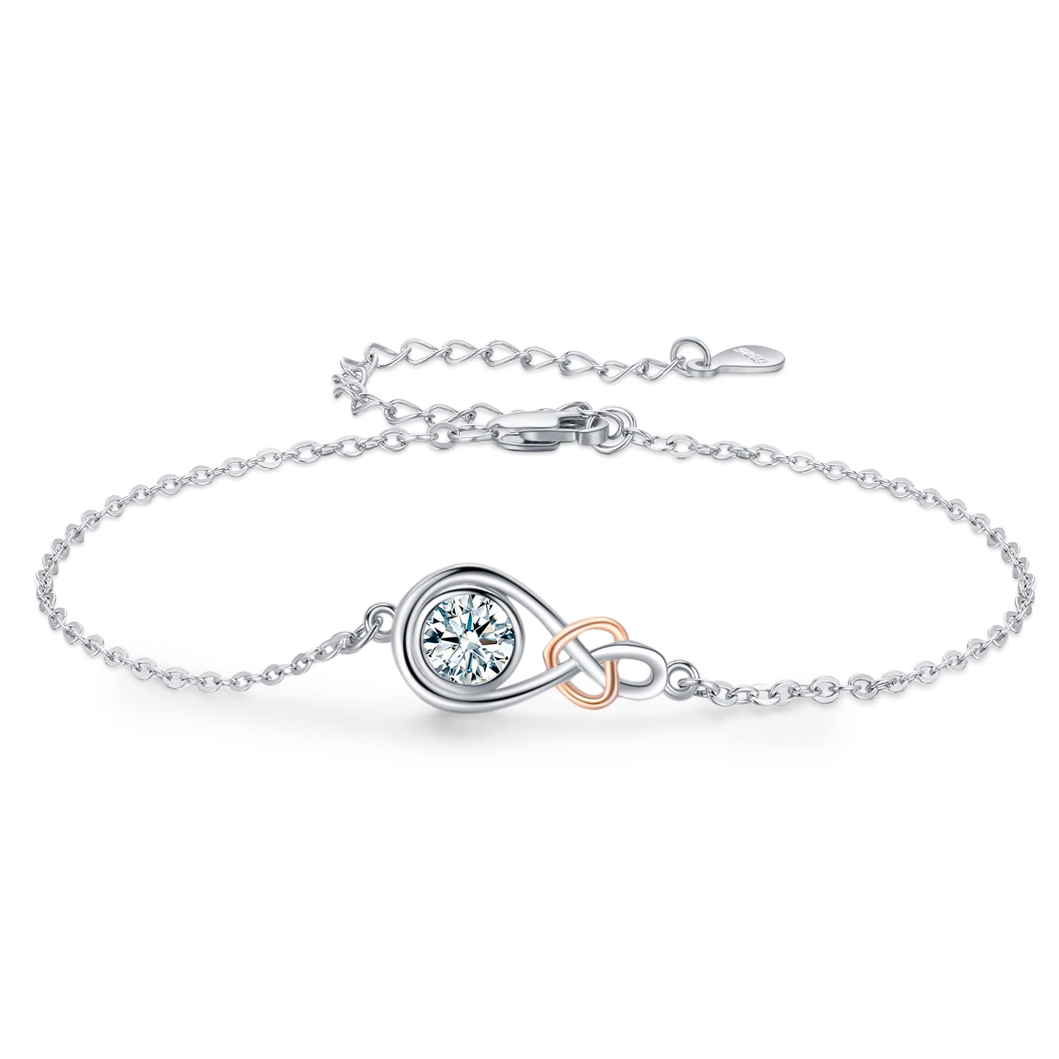 TwoAnts Infinity Bracelet 925 Sterling Silver Adjustable Birthstone Charms Bracelets April Birthstone Jewellery Birthday Gifts for Her Women