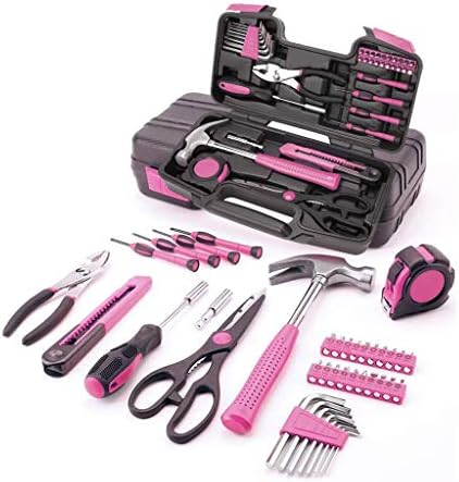 39ピースのツールセット プラスチック製の工具箱収納ケース付きの一般的な家庭用ハンドツールキット ピンク Diyプロジェクトに最適 買物