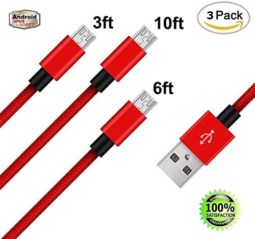 USB Cables [3-Pack 3.6.10ft] Nylon Braided Lightning Durable Micro USB Cables/Android Cable for Samsung, HTC, Nexus, LG, Sony, Nokia, Motorola,Smartphones,Tablets,XBOX,PS4,GPS (red)