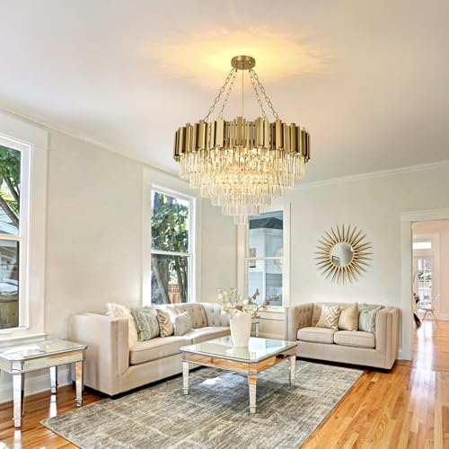 AOOCHOK Modern Gold Crystal Chandelier, Round Crystal Hanging Chandeliers, Ideal for Living Room, Dining Room, Bedroom and Restaurant, Φ80cm