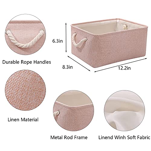 Storage Bins with Sturdy Cotton Handles(1 Pack) , Fabric Storage Baskets for Organizing use for Office & Home, Book, Clothes, Toys, Closet Boxes (Small, Pink, 12.2×8.3×6.3 inches)