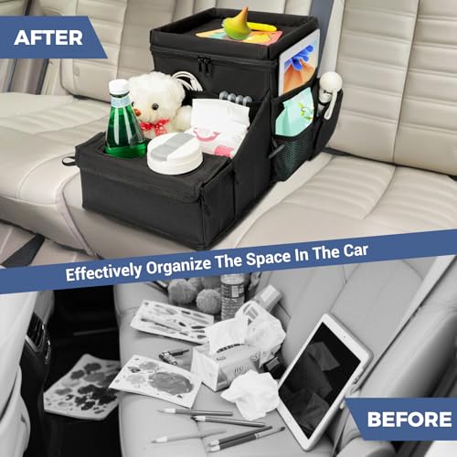 INFANZIA Car Seat Organizer, Backseat Van Organizer with Cup Holders for Car Front Passenger and Back Seat, Carseat Storages with Cooler Compartment for Kids and Adults for Toy, Snacks (Black)