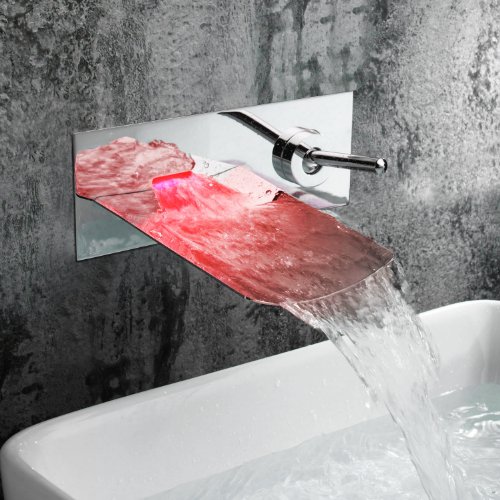 Sprinkle Chrome Color Changing LED Waterfall Wall Mount Bathroom Sink Faucet Widespread Single Handle Hole Cover Plate Vessel Sink Faucets Water Flow Powered Bath Shower Faucets Bathtub Mixer Taps - Thumbnail 3