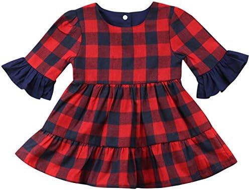 Andannby Kids Toddler Baby Girls Christmas Ruffle Flare Long Sleeve Red and Black Buffalo Plaid Dress Clothing