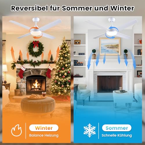 Newday Ceiling Fan with Lighting and Remote Control, Quiet, 122 cm Ceiling Fan with Light LED Lamp, White, Ceiling Fans with 4 Blades, Continuous Dimmer, Timer for Bedroom, Living Room