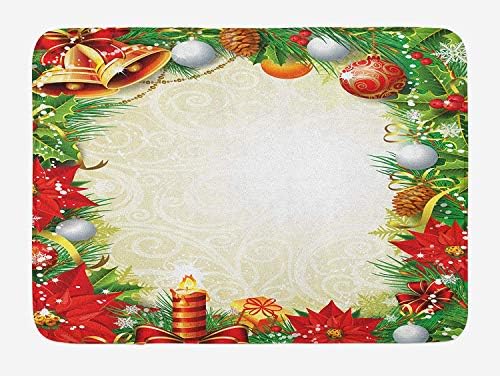 MLNHY New Year Bath Mat, Abstract Swirled Background with Xmas Tree Pattern Baubles Candle Festive Theme, Plush Bathroom Decor Mat with Non Slip Backing, 23.6 W X 15.7 W Inches, Multicolor