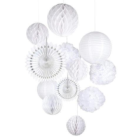 Easy Joy 12er Set Papier Dekoration Weiß Pompoms Hochzeit Party Deko (Form 2)