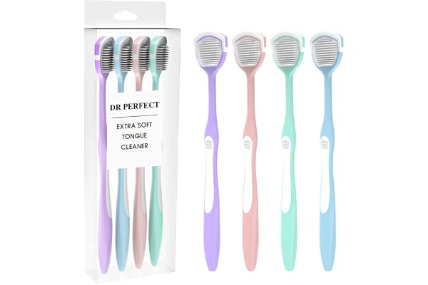DR PERFECT Soft Tongue Brush Scraper Cleaner Helps Fight Bad Breath Clean Your Tongue Without Hurt Pack Of 4 ((GREEN PURPLE B