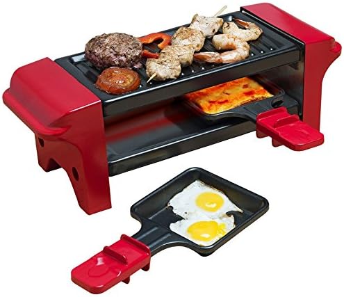 Mini Raclette per 1-2 Persone, Mini griglia da tavolo con 2 padelline e 2 spatole in legno, Piastra per Raclette con 350 watt, colore: Rosso/Nero
