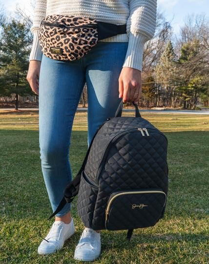 Jessica Simpson Black Quilted Diaper Bag Backpack with Insulated Pockets, Portable Changing Pad, Stroller Straps, Fanny Pack 3 Pc. Set (Camilla (With Fanny Pack))