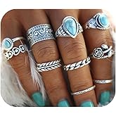 Annpro Bohemian Turquoise Ring Set for Women,Vintage Gem Turquoise Opal Joint Knuckle Stackable Rings Chunky Boho Midi Ring Pack Punk Western Ring Mixed Size