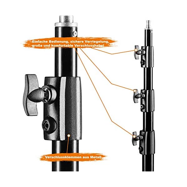 Walimex pro WT-420 Lampenstativ 420cm - Lichtstativ mit Federdämpfung, Höhe max 420cm, Traglast 7,5 kg, 40mm Rohre, Aluminium Leuchtenstativ für Fotografie Studio Outdoor, schwarz – Bild 5