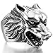 INBLUE Men's Stainless Steel Ring Silver Tone Black Wolf Head Size12