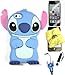 Bukit Cell ®Case Bundle - 5 Items: Blue 3D Cute Animal Cartoon Stitch Silicone Case for iPhone SE 5S+ BUKIT CELL Cloth +Stitch Figure Plug Stylus Pen + Screen Protector + Metallic Stylus Touch Pen
