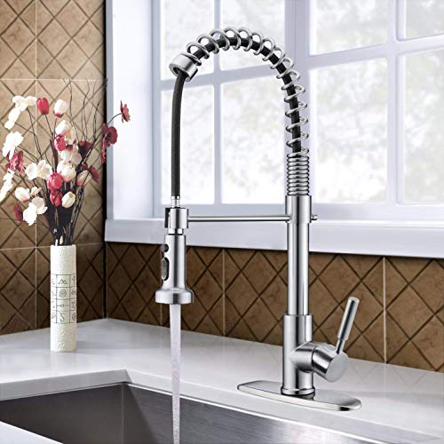 Bokaiya Heavy Duty Brass One-Handle Pre-Rinse Spring Pulldown Kitchen Faucet, Brushed Nickel Kitchen Sink Faucet - Thumbnail 6