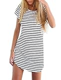 OURS Women's Crew Neck Short Sleeve Striped Loose T-Shirt Mini Dress (S, White (Higher quality))