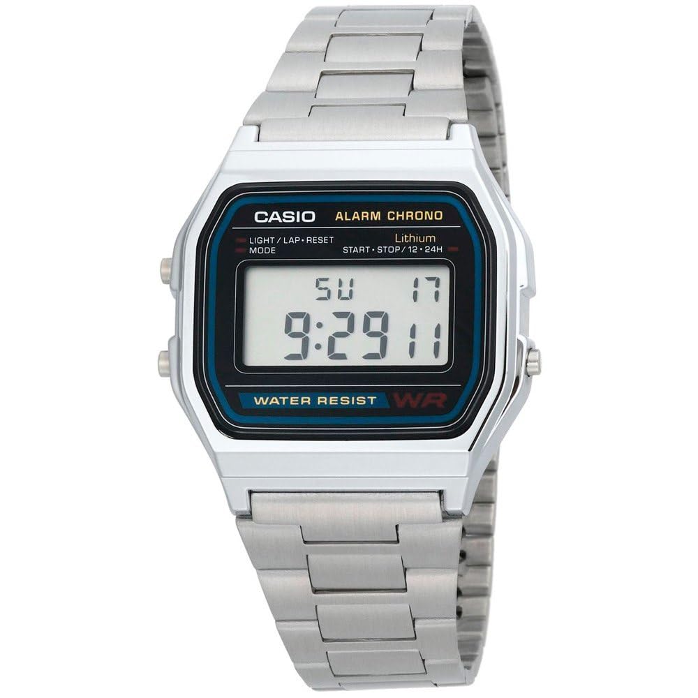 CASIO A158 Stainless Steel Band Wrist Watch, Silver, Bracelet