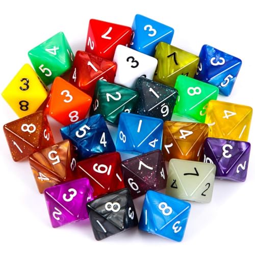 TecUnite 25 Pieces Polyhedral Dice Set with Black Pouch for Other Table Games with Random Multi Colored Assortment (Mix Color,8 Side)