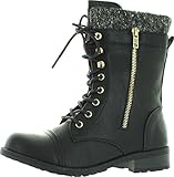 Forever Link Womens Mango-31 Round Toe Military Lace Up Knit Ankle Cuff Low Heel Combat Boots BLK PU 9