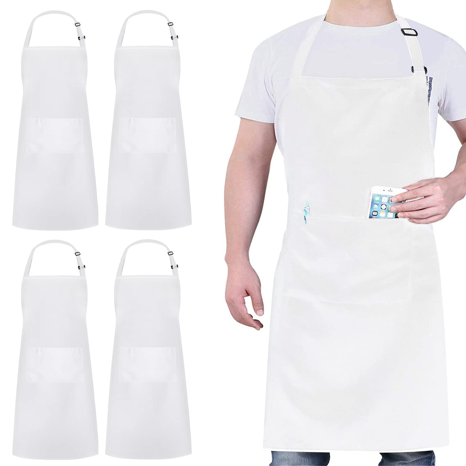atopo 4 Packs Chef Apron, Waterproof Catering Apron with 2 Pockets, Adjustable Work Aprons Perfect for Kitchen Cooking Painting Gardening Cleaning Restaurant BBQ, Personalised Aprons (White)