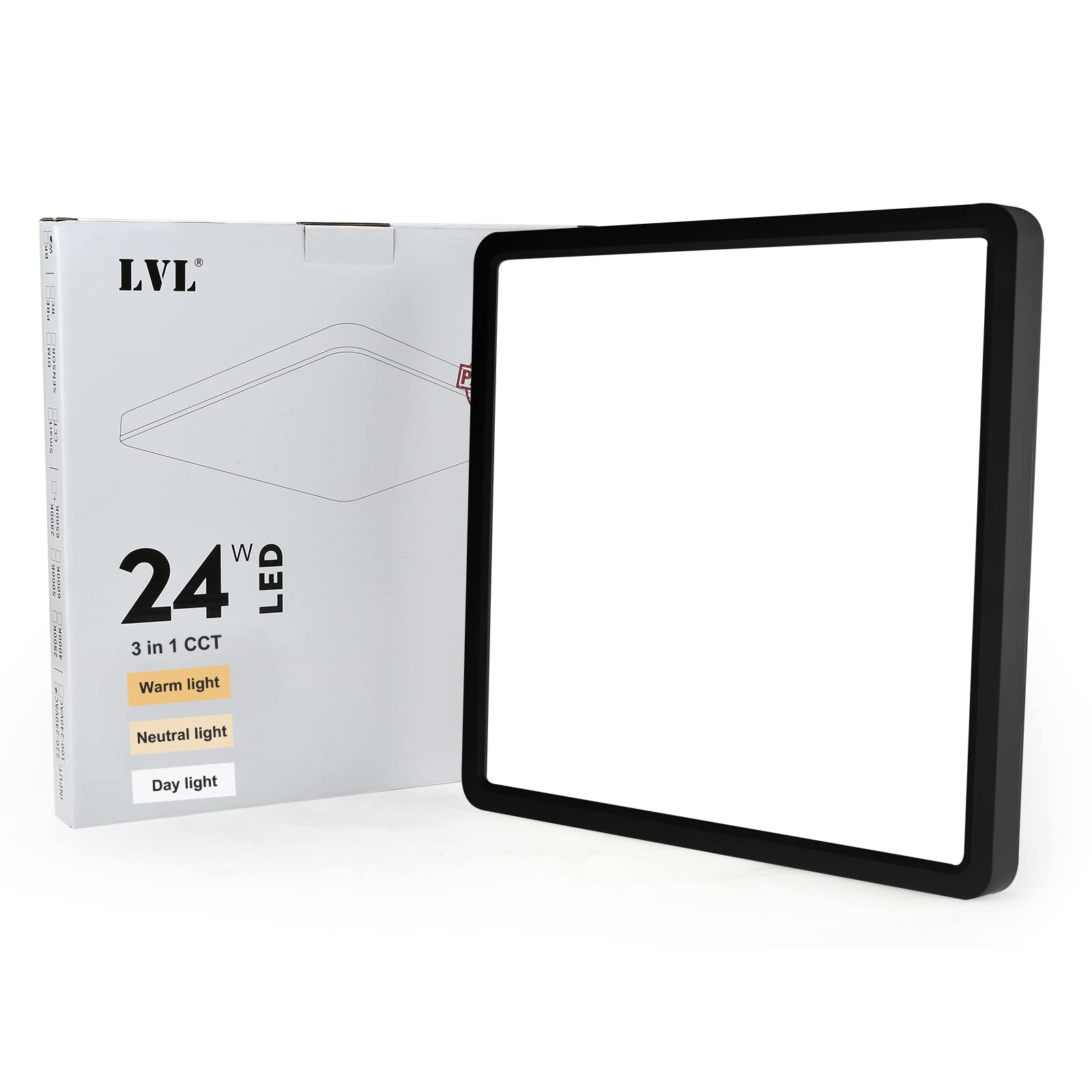 LVL LED Panel Light, 24W 30x30, CCT, Modern Flush Mount Square Led Ceiling Light for Kitchen, Living Room, Bedroom, Hallway, Utility Room, Office (Black, 30cm-24W)
