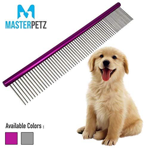 MASTERPETZ Pet Comb, 10 inches Comfortable Grooming Comb with Different-Spaced Rounded Stainless Steel Teeth, Easy Grip and Convenient Grooming for Pets Dog Cat with Medium Coarse Fur - Purple