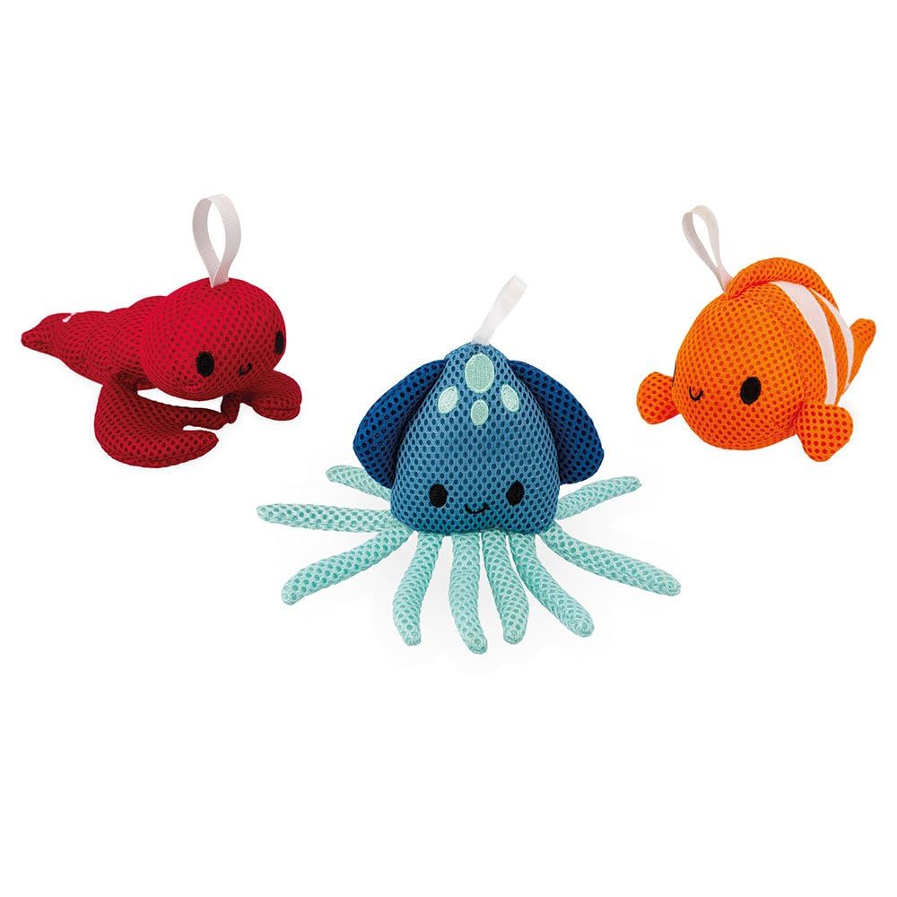 Janod - 3 Bath Toys for Children - Learn to Wash - Educational Bath Toys - Lobster, Clownfish, and Fabric Squid - Ages 10 Months and Up - J04731